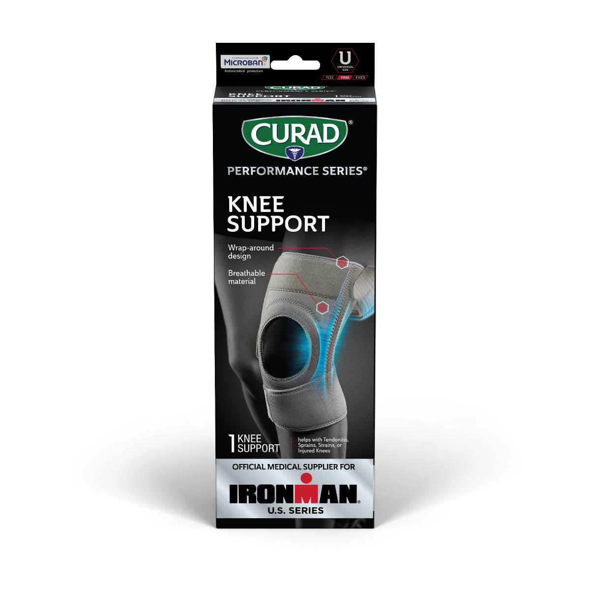 SUPPORTS: CURAD PERFORMANCE SERIES IRONMAN KNEE SUPPORT WITH SPIRAL STABILIZERS, REVERSIBLE, UNIVERSAL SIZE