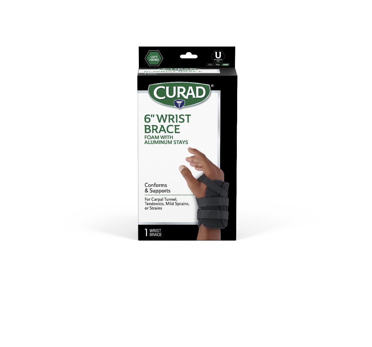 SPLINTS: CURAD LOW-PROFILE UNIVERSAL WRIST SPLINT, MOVABLE TOP STAY, HOOK-AND-LOOP ATTACHMENT, PLUSH FOAM, UNIVERSAL SIZE, LEFT HAND, 6", 4 SPLINTS/CASE