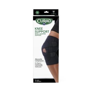 SUPPORTS: CURAD KNEE SUPPORT WITH J-SHAPED SUPPORT, RIGHT KNEE, SIZE M, RETAIL PACKAGING, 4 SUPPORTS/CASE