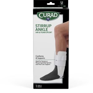 SPLINTS: CURAD UNIVERSAL AIR STIRRUP ANKLE SPLINT WITH INFLATABLE AIR AND FOAM BLADDERS, RETAIL PACKAGING